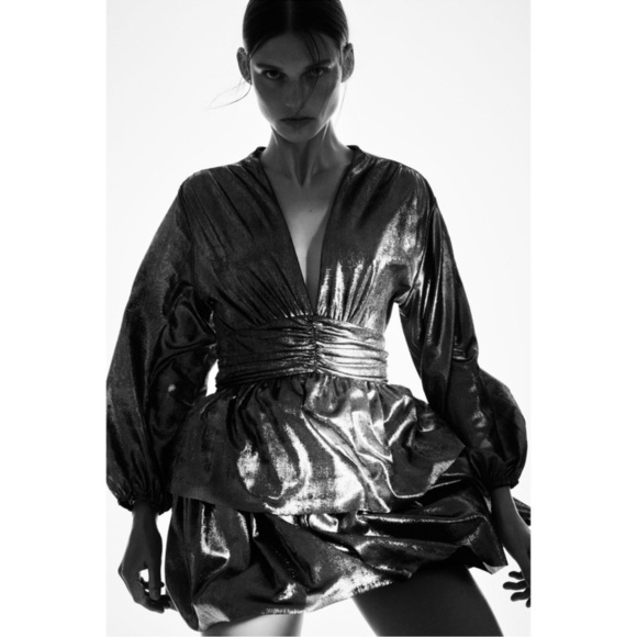 Zara metallic ruffle dress grey short layers princess cut puffy flatteri… - Picture 2 of 16